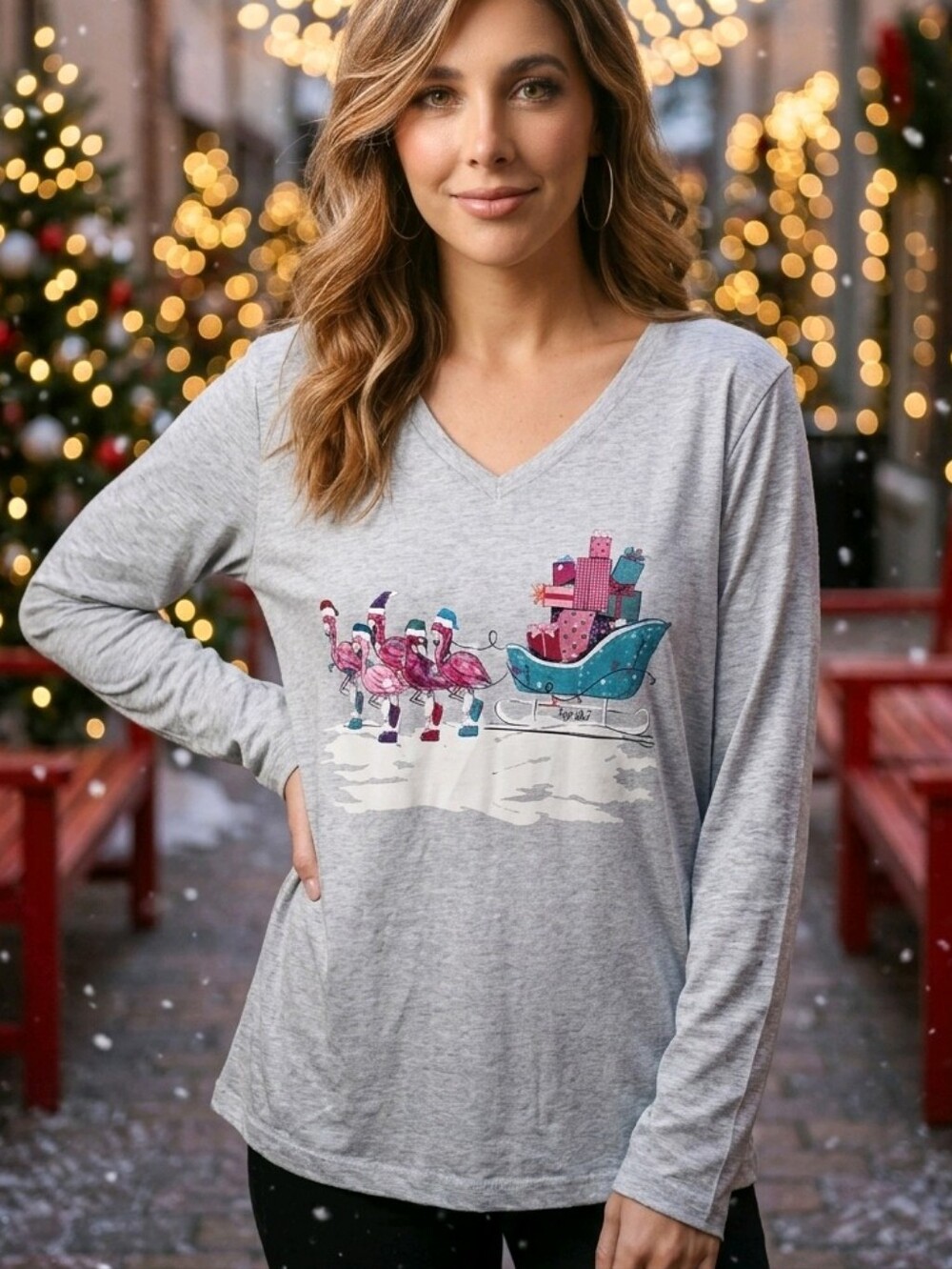 Flamingo Sleigh August Bleu Long Sleeve T-shirt Gray Christmas Holiday Tee